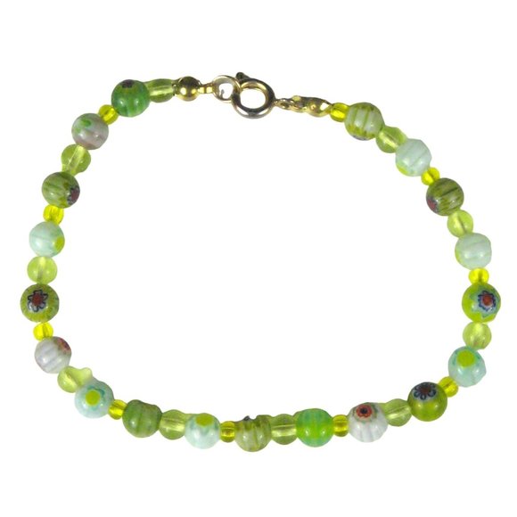 Green Glass Beaded Bracelet 8.75 In Goldtone Jewelry Millefiori Delicate - Picture 3 of 7